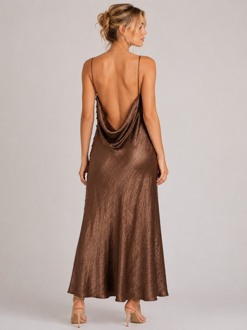 Zara Copper Satin Cowl-Neck Maxi Slip Dress - Picture 2 of 8